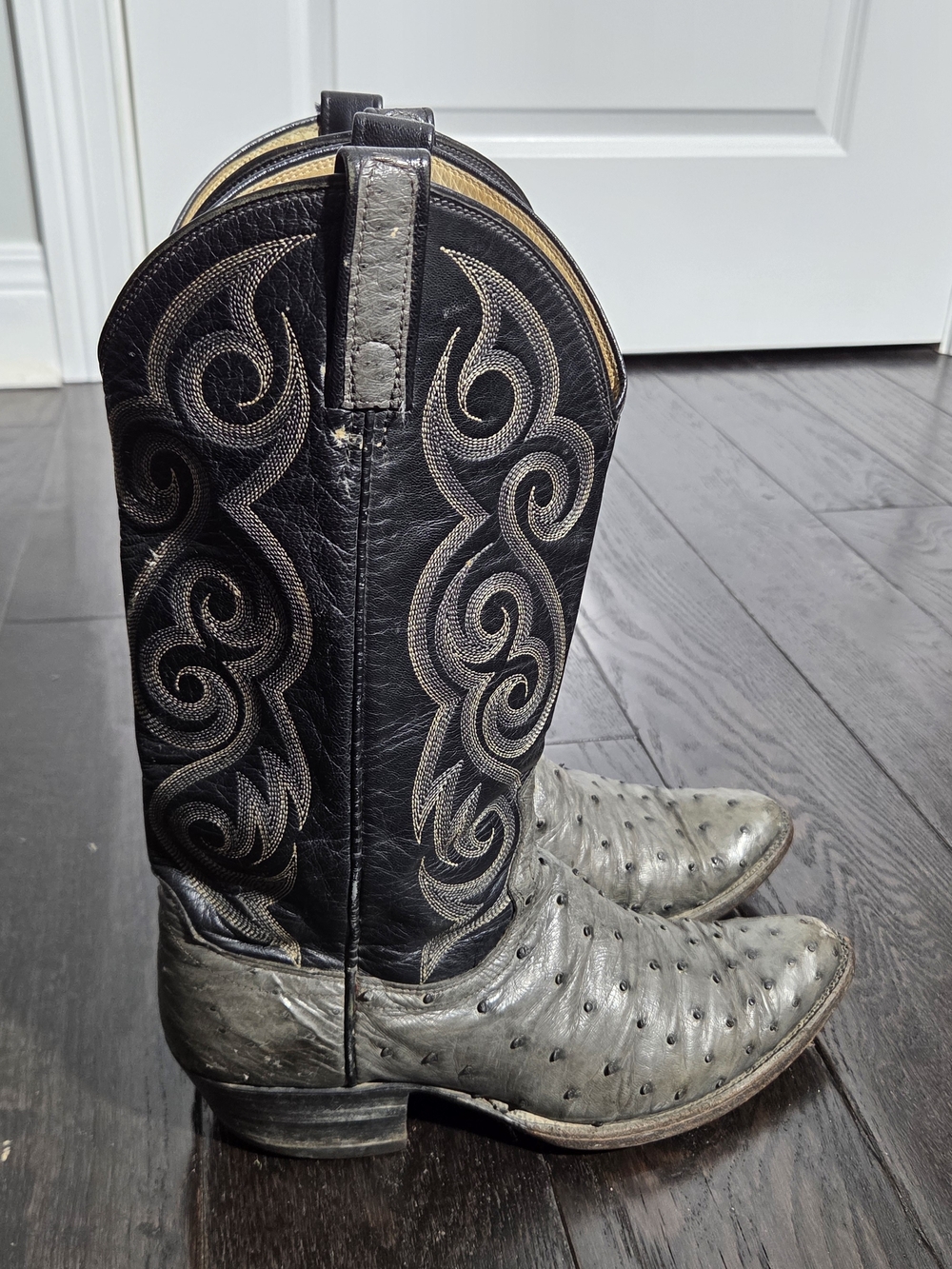 Vintage 1980s Dan Post Cowboy Boots Grey Ostrich Leather Men's Size 9D